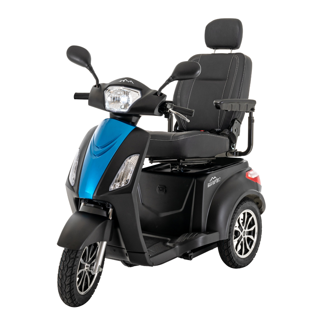 The Pride Baja® Raptor® 2 Bariatric 3-Wheel Scooter features full suspension, padded seat, armrests, headrest, side mirrors, headlights, and alloy wheels—a blue and black scooter designed for comfortable outdoor mobility.
